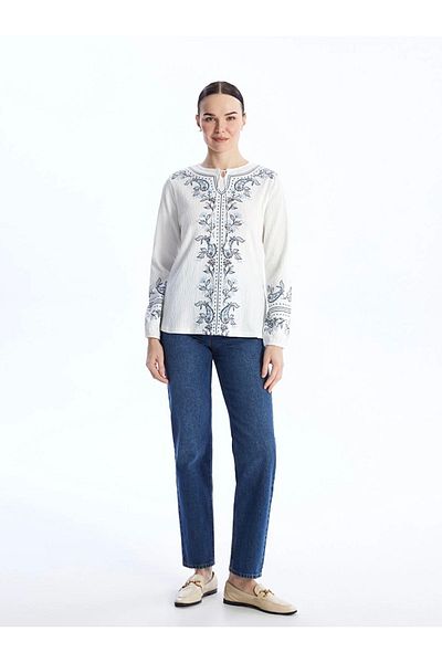 LC Waikiki LCW Grace - Γυναικεία μακρυμάνικη μπλούζα με δεμένο γιακά και στάμπα