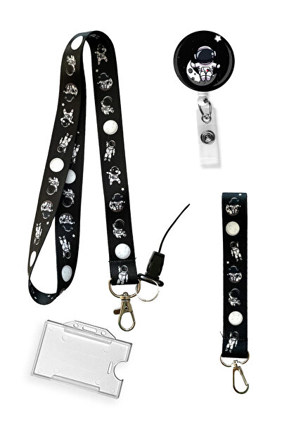 StormiStoretr Set de 4 astronaut negru pentru gât, breloc pentru carduri Yoyo