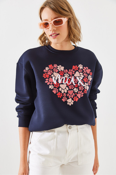 Bianco Lucci Kadın Üç İplik Şardonlu Yuvarlak Yaka Pati Baskılı Sweatshirt MBHS005 60601005