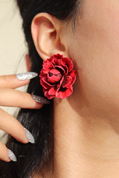 Gizy Store Polimer Kil Gül Çiçek El Yapımı Kırmızı Kadın Küpe Ultra Hafif Özel Tasarım Kırkızı Gül Gzy01