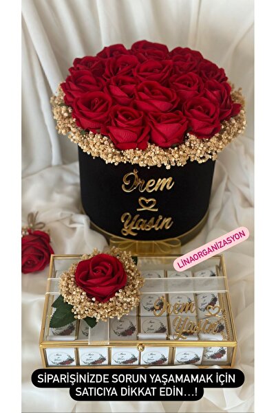 lina organizasyon Kırmızı Güllü Kız Isteme Çikolatası & Söz Çiçeği Kutusu (60 BASKILI MADLEN)