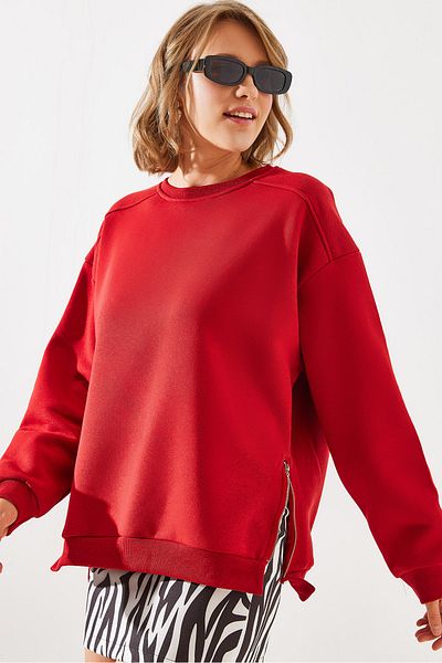 Bianco Lucci Damen-Sweatshirt mit Rundhalsausschnitt und Reißverschluss – Raster-Basic-Modell 60251796
