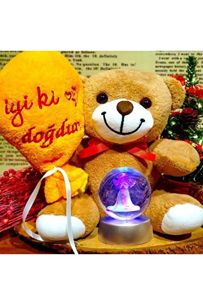 rk tasarım İyi Ki Doğdun Peluş Ayıcık ve Melek Figürlü Cam Küre  Doğum Günü Hediyesi