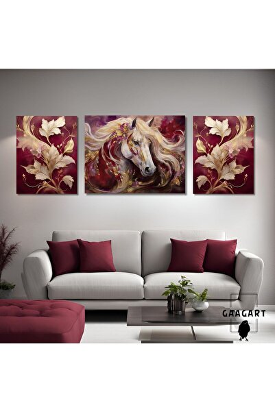 GAAGART 3lü Kanvas Şık Salon Duvar Tablosu Modern Soyut Bordo Gold At
