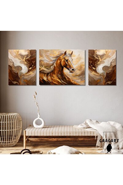 GAAGART 3lü Kanvas Şık Salon Duvar Tablosu Modern Soyut Kahve Gold At