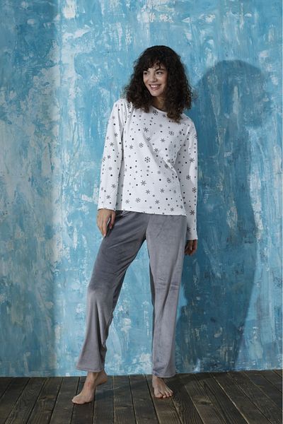 pijamakeyfi Women's Pajama Set Top Interlock Combed Cotton Bottom French Velvet