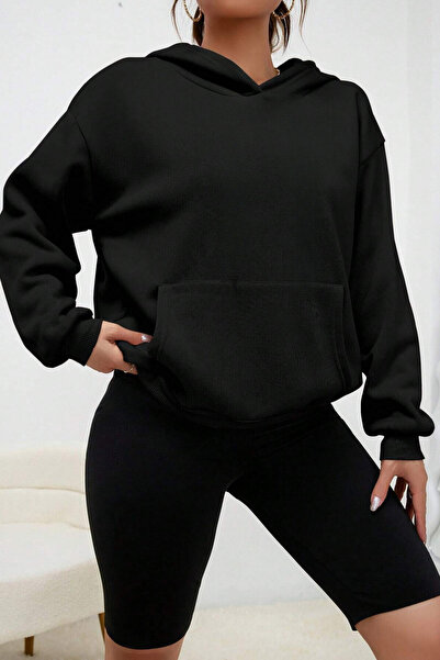 NAKRUF Φούτερ Oversize Μαύρη με κουκούλα - Χωρίς στάμπα, με τσέπη καγκουρό και φλις εσωτερικά