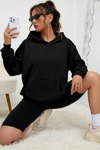 NAKRUF Φούτερ Oversize Μαύρη με κουκούλα - Χωρίς στάμπα, με τσέπη καγκουρό και φλις εσωτερικά