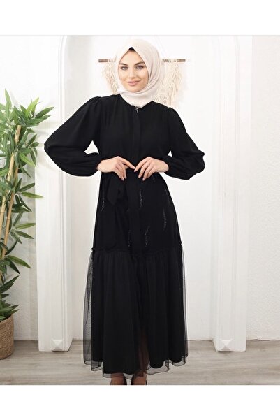Tebessüm tesettür 752 etek ucu tül detaylı tesettür abaya ferace