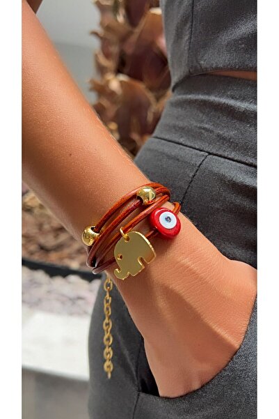 Kutcha Accessories Şans Getiren Nazar Boncuklu Altın Fil Figürlü Deri Bileklik