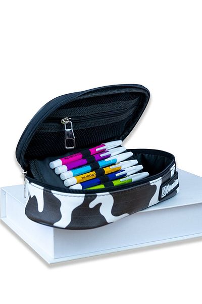 OneSize Oval Design Black-White Vegan Leather Pencil Case - Single Compartment Cow (Pen Holder)