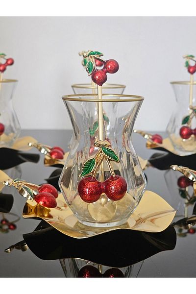 atabey home ALYA TEA SET 18 PIECES LUXURY SET WITH CAST CHERRY & METAL PLATE AND CHERRY TEA SPOON
