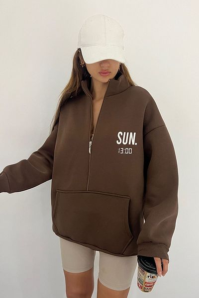 Sun Victoria Brown Unisex Stand Collar Zippered Oversize 3 Thread Ribbed Inside Printed Sweatshirt
