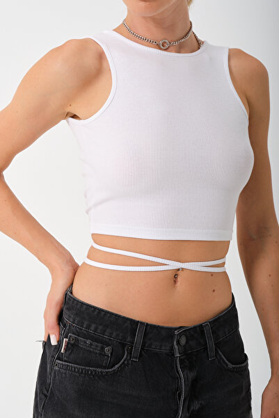 PUNKY CAT Women's White Open Back Cross Tie Crop Top Blouse