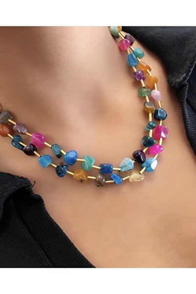 Aklımdaki Takı Akik Taşı Gold Detaylı Tasarım Kolye