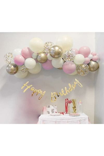 Deniz Party Store SEA SAND CHROME GOLD TRANSPARENT MACARON PINK HAPPY BIRTHDAY CALIGRAPHY WRITTEN MINI CHAIN BALLOON SET