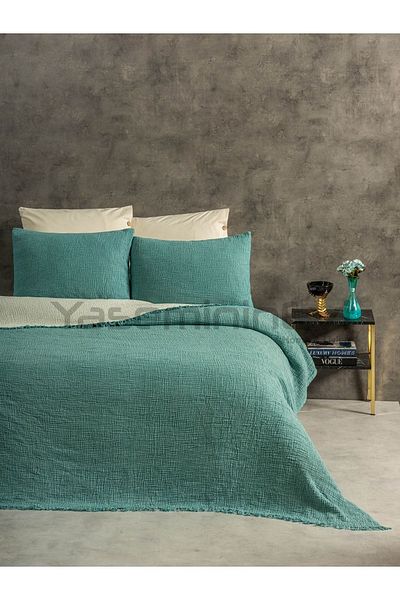 YASEMİNİNEVİ King Size Turquoise Striped Muslin Bedspread / Pike Set with 2 Pillowcases