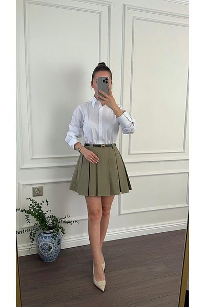 Büşce Khaki Mini Skirt - Pleated and Comfortable Design