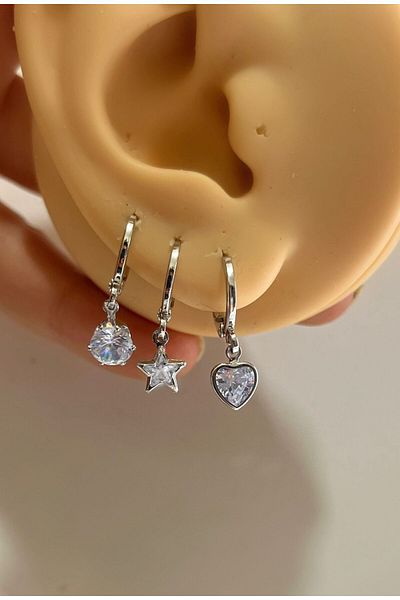 Arescollection Heart and Star Zircon Stone Dangle 3-Piece Women's Earrings Set