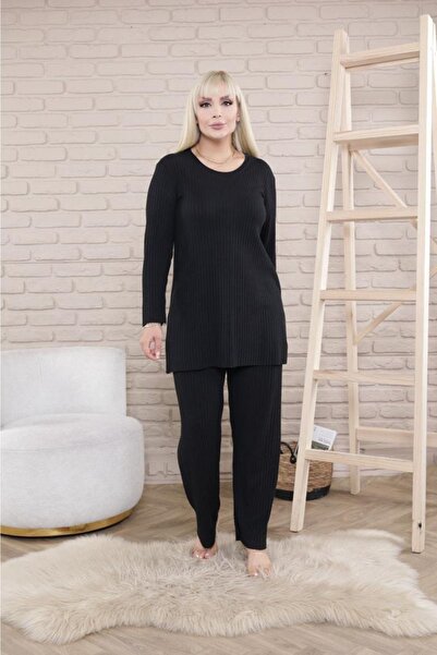 LOVİNS Wide Fit Mother's Set Winter Long Sleeve Large Size Pajamas Set Double Set