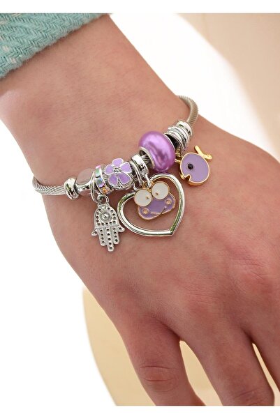 Duke Nickle Purple Silver Women's Mother Hand - Mix Bracelet with Heart, Daisy, Frog and Fish Charm