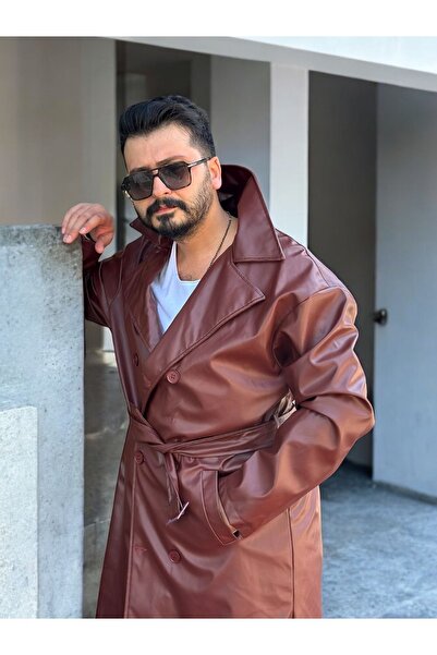 TWILLS Dericeket uzun erkek kruvaze model düğmeli deri ceket TWILLS