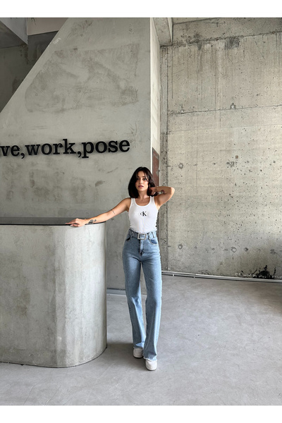 OXEDCO Blugi Palazzo Ice Blue cu cataramă cu centură cu talie înaltă - picior...