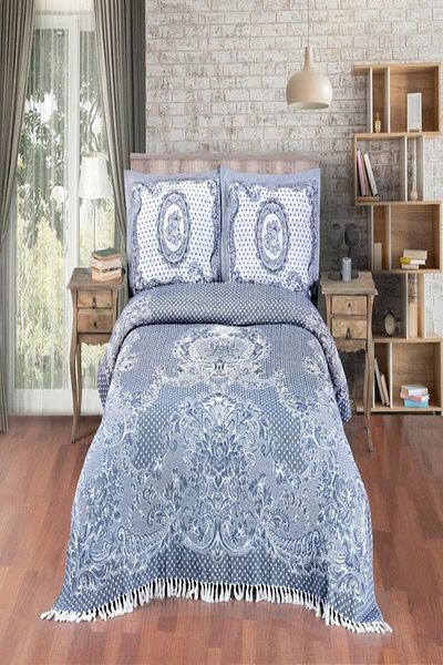 Evim Rose Patterned Cotton Dark Indigo Jacquard Bedspread - 230X240 cm