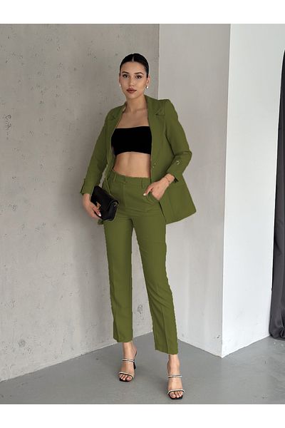 diaves Khaki Folded Sleeve Detail Blazer Jacket and Carrot Cut Pants Atlas Woven Fabric Suit