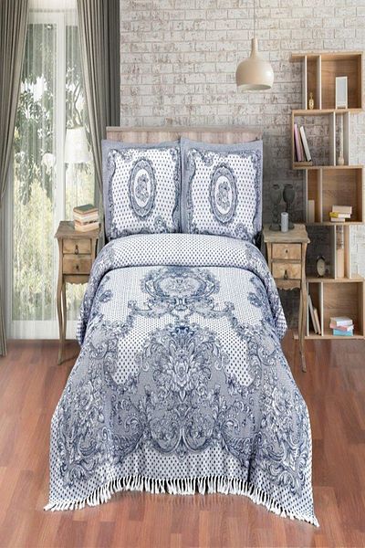 Evim Rose Patterned Cotton Dark Indigo Jacquard Bedspread - 230X240 cm