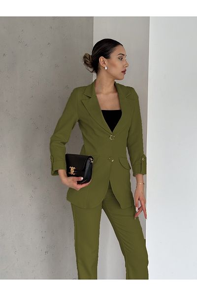 diaves Khaki Folded Sleeve Detail Blazer Jacket and Carrot Cut Pants Atlas Woven Fabric Suit