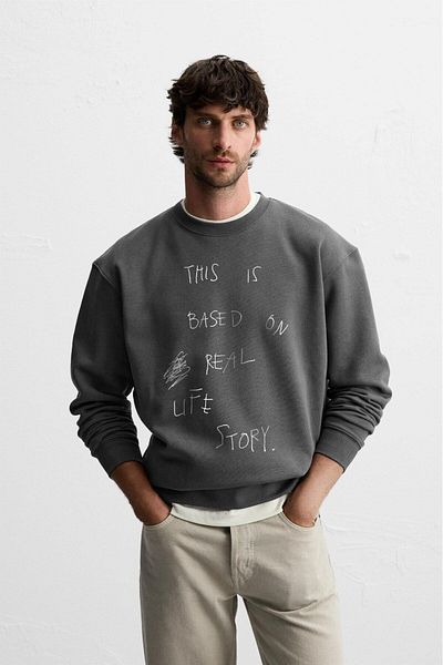 The Champ Clothing Smoked Color Polar Life Story Text Printed Oversize φούτερ - Crew Neck