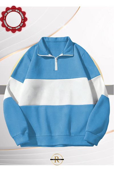 Risil-Nu Company Hanorac oversize unisex cu dungi negre cu gât polo - cu jumătate de fermoar