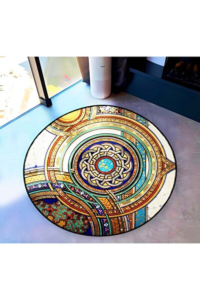 Rugs Modern Halı Multicolored Ethnic Motif Patterned Round Woven Base Vintage...
