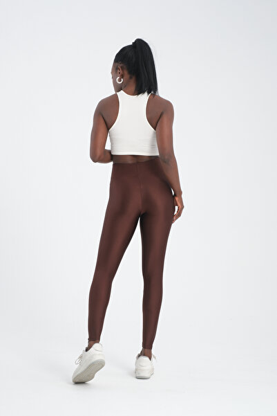 MRS.MODA Γυναικείο Καφέ Γυαλιστερό Ντίσκο Καλσόν με ψηλή μέση