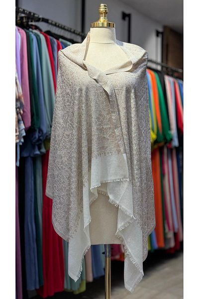 Hazard Waterway Patterned Cream-Beige Shawl - Stone Detailed