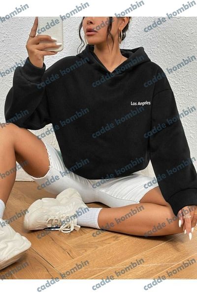 caddekombin Los Angeles Printed Black Oversize Sweatshirt - Winter Thick Design