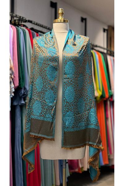 Hazard Shiny Gold-Turquoise Shawl - Rhinestones and Shawl Pattern