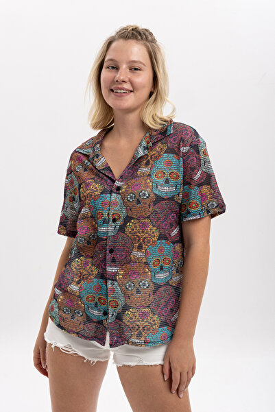 S-Ponder Women's Mexican Skull Pattern Knitted Shirt - 100% Polyester, Short Sleeve