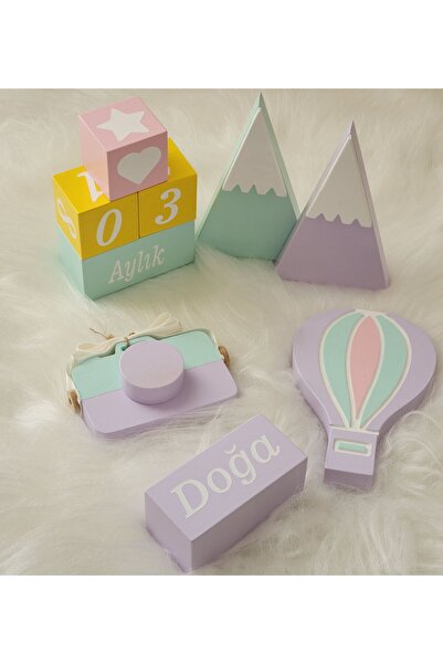 Yoyowoods Anı Küpü Seti- Dağ- Balon -fotoğraf Makinesi -dekoratif Ahşap
