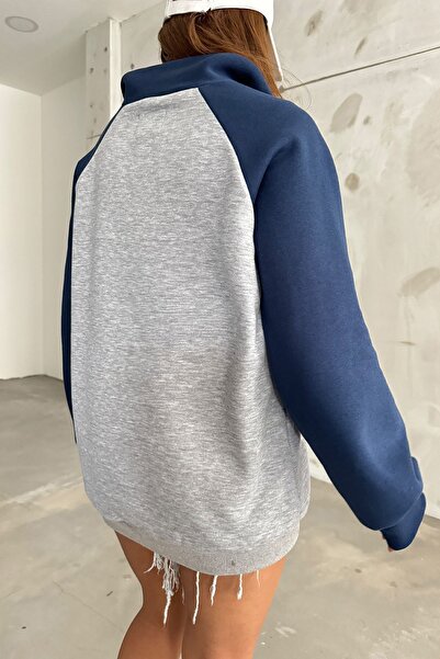 Sun Victoria Unisex Lacivert Dik Yaka Oversize 3 Iplik Şardonlu Sweatshirt