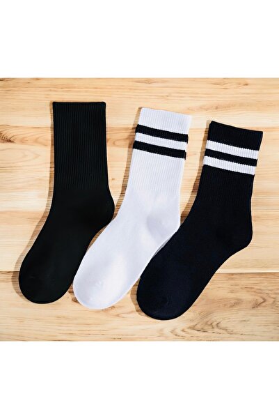 Çorabistaan 3 Çift Siyah Beyaz Düz Çemberli Unisex Tenis Kolej Spor Çorap Pam...