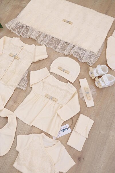 Sitilin Beige Lace Luxury Baby Girl Discharge Set - 10-Piece Natural Cotton Hospital Stl6740
