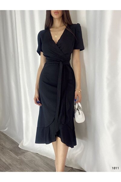 madamjasmine Kruvaze yaka prenses kol midi boy beli kuşaklı düğün nişan mezun...