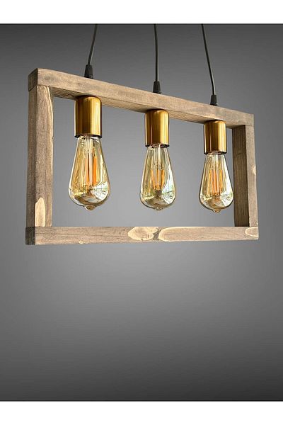ONUR AVİZE Set of 3 Retro Rustic Antique Walnut Wooden Chandelier