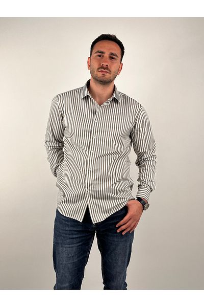 Mad&Calf Ανδρικό ριγέ πουκάμισο με μακρυμάνικο πέτο με λεπτή εφαρμογή