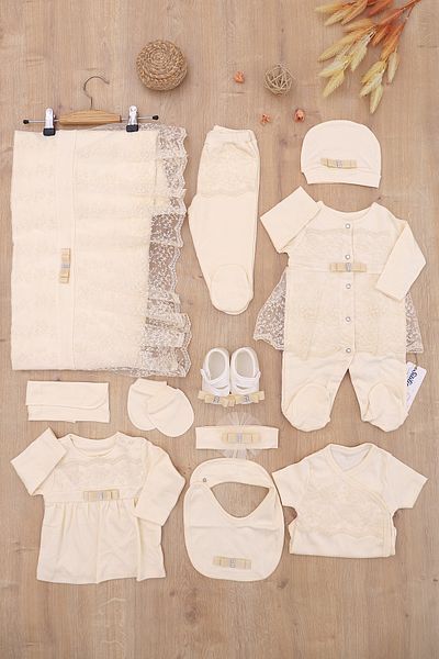 Sitilin Beige Lace Luxury Baby Girl Discharge Set - 10-Piece Natural Cotton Hospital Stl6740