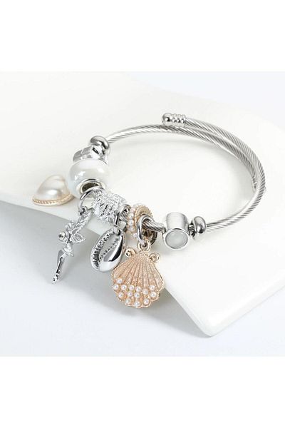 Jeros Accessories Steel Bracelet with White Seashell and Angel Charm