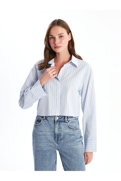 LC Waikiki Çizgili Crop Poplin Kadın Gömlek