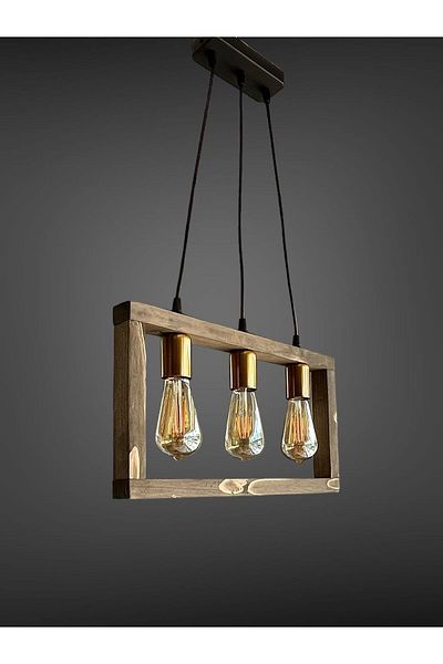 ONUR AVİZE Set of 3 Retro Rustic Antique Walnut Wooden Chandelier